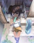  bare_legs barefoot bench brown_eyes brown_hair camisole dark_skin face feet foreshortening from_above hands highres legs looking_up original pigeon-toed popsicle shop sitting skirt solo stregoicavar twintails 