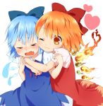  2girls :3 achi_cirno alternate_color alternate_element bad_id blue21 blue_hair bow cirno dual_persona fiery_wings fire hair_bow heart hug hug_from_behind multiple_girls red_eyes red_hair redhead ribbon short_hair tears touhou wings 
