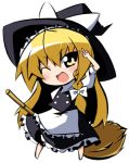  blonde_hair braid broom chibi hair_ribbon hat kirisame_marisa long_hair open_mouth ribbon shun_ss smile solo touhou v wink witch_hat yellow_eyes 