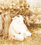  bad_id child claws closed_eyes fairy goat grass horns leaning morikawa_sumio multiple_girls original sleeping tree 