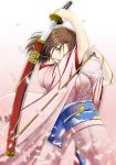  brown_hair cherry_blossoms flower highres japanese_clothes kara_no_kyoukai katana kimono oltolos petals ryougi_shiki short_hair solo sword weapon 