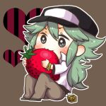  bangle baseball_cap baseball_hat blue_eyes chibi eating food fruit green_hair hat heart holding holding_fruit n_(pokemon) pokemon pokemon_(game) pokemon_black_and_white pokemon_bw strawberry void_cube 