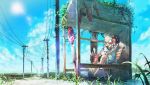  bag barefoot bench black_hair blonde_hair blue_eyes bus_stop closed_eyes cloud clouds dress flower hair_flower hair_ornament hairclip hat headphones highres kopa multiple_girls original overgrown power_lines road sandals school_uniform serafuku short_hair skirt sky sleeping sun 