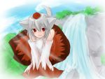  animal_ears arms_in_front blush cloud clouds flying hat inubashiri_momiji monrooru red_eyes sky smile solo tail touhou v_arms water waterfall white_hair wolf_ears wolf_tail 