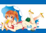  bikini blue_eyes breasts cleavage high_heels kayou_(artist) legs long_hair orange_hair original popsicle sandals shaved_ice shoes simple_background solo swimsuit umbrella 