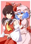  :d ahoge ascot blue_hair bow brown_eyes brown_hair detached_sleeves hair_bow hair_ribbon hair_tubes hakurei_reimu hand_on_shoulder hat highres japanese_clothes leon_7 midriff miko multiple_girls navel no_wings open_mouth red_eyes remilia_scarlet ribbon smile sweatdrop touhou 