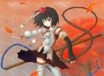  bad_id beads black_hair clearfile detached_sleeves fingerless_gloves gloves hat leaf pocket_watch prayer_beads red_eyes shameimaru_aya short_hair skirt_flip solo thigh-highs thighhighs touhou tree watch weapon 