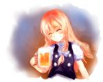  beer blonde_hair blush bow braid closed_eyes grin hair_bow hal360 kirisame_marisa long_hair no_hat no_headwear side_braid single_braid smile solo touhou 