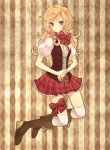  argyle_background blonde_hair boots bow brown_eyes hair_bow highres knee_boots long_hair looking_at_viewer monaco_(rmn02) original over-kneehighs ribbon ribbon_choker skirt smile solo striped striped_background thigh-highs thigh_ribbon thighhighs 