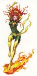  1girl aqua_eyes arms_up belt bird blush bodysuit boots breasts closed_mouth costume covered_navel elbow_gloves fire floating_hair flying full_body gloves green_eyes hair_between_eyes highres jean_grey legs lipstick long_hair long_legs looking_at_viewer marvel one_leg_raised phoenix phoenix_(x-men) red_hair redhead sash shiny shiny_clothes simple_background skin_tight smile solo standing_on_one_leg superhero thigh-highs thigh_boots thighhighs wavy_hair white_background x-men yamashita_shun&#039;ya yamashita_shunya yellow_boots yellow_footwear yellow_gloves yellow_legwear yellow_sash yellow_thighhighs 