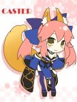  animal_ears blush caster_(fate/extra) chibi clog_sandals dress fate/extra fate/stay_night fate_(series) fox_ears fox_tail geta hair_ribbon japanese_clothes mayo-black pink_hair ribbon sandals smile solo tail thigh-highs thighhighs twintails yellow_eyes 