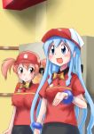  2girls blue_eyes blue_hair brown_eyes crossover fast_food_uniform hataraku_maou-sama! ikamusume long_hair multiple_girls polo_shirt pxton sasaki_chiho shinryaku!_ikamusume short_hair short_twintails tentacle_hair twintails visor_cap 