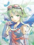  1girl cape elbow_gloves feathers finger_to_mouth gloves goggles green_eyes green_hair gumi musical_note parted_lips suishougensou vocaloid 
