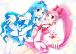  bad_id blue_hair bow co_jet cure_blossom cure_marine dutch_angle earrings futari_wa_precure hair_bow hanasaki_tsubomi heartcatch_precure! holding_hands jewelry kurumi_erika long_hair magical_girl multiple_girls outstretched_arm outstretched_hand pink_hair precure reaching side_ponytail smile thigh-highs thighhighs wristband zettai_ryouiki 