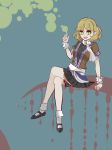  blonde_hair crossed_legs green_eyes legs mary_janes mizuhashi_parsee open_mouth pointy_ears scarf shoes short_hair sitting solo touhou yuura 