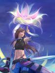  bad_id bare_shoulders belt brown_hair flower green_eyes hako_(mypixid) highres jeans jewelry long_hair midriff navel necklace original ponytail scissors sky solo sword v weapon 