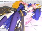  animal_ears breasts caster_(fate/extra) cleavage detached_sleeves dress fate/extra fate/stay_night fox_ears fox_tail hair_ribbon japanese_clothes lying on_back pink_hair ribbon solo tail thigh-highs twintails yellow_eyes 