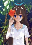  brown_hair earrings flower ganaha_hibiki hibiscus idolmaster jewelry long_hair necklace rumba_(mokapurin) smile solo 