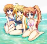  barefoot bikini blonde_hair blue_eyes breasts brown_hair cleavage fate_testarossa front-tie_top kneeling long_hair mahou_shoujo_lyrical_nanoha mahou_shoujo_lyrical_nanoha_strikers multiple_girls murasaki_atsushi ponytail red_eyes short_hair side-tie_bikini submerged swimsuit takamachi_nanoha water yagami_hayate 