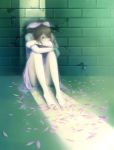  barefoot brick brown_hair face_down feet final_fantasy final_fantasy_vii green hand_on_knee kieta leaning_back leg_hug light pale_color petals sitting solo 