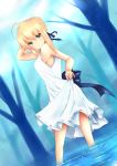  ahoge blonde_hair dress fate/stay_night fate_(series) green_eyes hair_ribbon highres mayura_90 ribbon saber solo tree water 