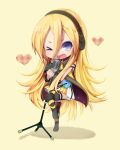  blue_eyes boots chibi collar fang headphones highres lily_(vocaloid) long_hair microphone microphone_stand oharu skirt smile solo thigh_boots thighhighs vocaloid wink 