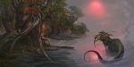  dragon drinking fantasy fog highres no_humans original scenery star sun tree ucchiey water 