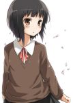  black_hair blush brown_eyes cherry_blossoms nanatsu original payot petals school_uniform short_hair skirt solo sweater 