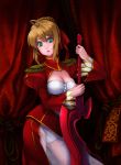  ahoge blonde_hair breasts cleavage dress epaulettes fate/extra fate/stay_night fate_(series) green_eyes highres irie saber_extra see-through sword weapon 