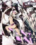  alternate_hair_color arm_cannon belt bikini_top black_rock_shooter boots chain checkered checkered_background coat glowing glowing_eyes highres huge_weapon koukou64 legs long_hair midriff navel purple_eyes scar shorts solo twintails very_long_hair violet_eyes weapon white_hair white_rock_shooter 