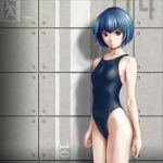  blue_hair brown_eyes competition_swimsuit face flat_chest hands highres kirin404 neon_genesis_evangelion one-piece_swimsuit short_hair swimsuit 