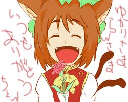  cat_ears cat_tail chen flower hat multiple_tails sea_la short_hair smile tail touhou translated 