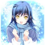  clenched_hands long_hair looking_at_viewer nurarihyon_no_mago ringed_eyes scarf smile snowflakes solo striped striped_scarf wakatsuki_sana yellow_eyes yuki_onna_(nurarihyon_no_mago) 