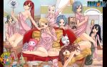  absurdres barefoot blonde_hair blue_eyes blue_hair blush bottomless bra breasts brown_eyes brown_hair cana_alberona cat charle_(fairy_tail) dog drink eating erza_scarlet evergreen_(fairy_tail) fairy_tail fan food glasses green_hair highres juvia_loxar large_breasts legs levy_mcgarden lingerie lucy_heartfilia mashima_hiro mirajane multiple_girls official_art open_mouth pajamas panties pillow pizza red_eyes red_hair redhead sideboob sitting tattoo towel underwear visca_mulan wendy_marvell white_hair 