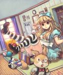  1girl alice_in_wonderland apron ask_(dreaming_cat) blonde_hair bow cat dress giantess hair_bow hair_ribbon legs long_hair mary_janes ribbon shoes striped striped_legwear thigh-highs thighhighs white_rabbit 