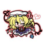  &gt;:) &gt;:d :d ;d arm_up barefoot blonde_hair bow bowtie chain chibi cosplay dress flandre_scarlet hat hat_bow hat_ribbon heart ibuki_suika ibuki_suika_(cosplay) laevatein open_mouth red_eyes ribbon shackle short_hair side_ponytail smile solo touhou wink yanagi_(artist) 