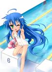  ;d ahoge bangs barefoot blue_hair blush clothed_navel clothes_writing dutch_angle feet flat_chest green_eyes hand_on_hip holding innertube izumi_konata kneeling lane_line leg_up long_hair looking_at_viewer lucky_star mole name_tag navel one-piece_swimsuit open_mouth pointing pool school_swimsuit see-through shiny shiny_hair sketch smile solo standing starting_block swimsuit tyke very_long_hair water white_school_swimsuit wink 