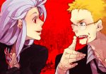  blue_eyes dorohedoro eating face-to-face face_to_face food fork glasses noi_(dorehedoro) noi_(dorohedoro) red_eyes scar shin smile spaghetti stitches white_hair zorim 