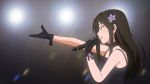  1girl bare_shoulders black_gloves brown_hair choker earrings flower gloves green_eyes hair_flower hair_ornament hair_ribbon highres idolmaster idolmaster_cinderella_girls jewelry lights long_hair official_style outstretched_arm profile ribbon shibuya_rin singing undershaft 