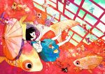  black_hair bob_cut bubble fish floating goldfish oriental_umbrella original rarara-men school_uniform serafuku short_hair solo umbrella water 