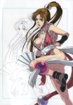  breasts brown_eyes brown_hair cleavage fan fatal_fury folding_fan gloves highres homare_(fool&#039;s_art) japanese_clothes king_of_fighters leg_up long_hair open_mouth panties ponytail shiranui_mai snk solo underwear weapon zoom_layer 