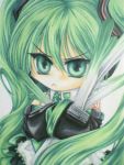  :&lt; chibi detached_sleeves green_eyes green_hair hands_in_sleeves hatsune_miku long_hair necktie solo spring_onion traditional_media twintails vocaloid 