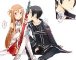  1boy 1girl asuna_(sao) black_eyes black_hair breastplate brown_eyes brown_hair getsuyoubi kirito long_hair short_hair sitting sword sword_art_online thigh-highs weapon 