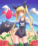  black_legwear blazblue blonde_hair flower gii hibiscus nago name_tag one-piece_swimsuit rachel_alucard red_eyes school_swimsuit sumapan swimsuit thigh-highs thighhighs twintails 