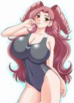  blush breasts brown_eyes cleavage drill_hair finger_to_mouth heroman long_hair redhead swimsuit vera_collins 