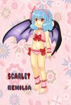  ankle_cuffs barefoot bat_wings blue_hair bracelet character_name fang feet flat_chest highres jewelry red_eyes remilia_scarlet short_hair smile solo takano_kiriko touhou wings 