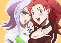  2girls blush breasts brown_eyes cleavage drill_hair heroman lipstick long_hair multiple_girls purple_hair redhead sunglasses vera_collins veronica 