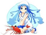  blue_hair bracelet dress hat ikamusume jewelry long_hair naono shinryaku!_ikamusume shrimp solo tears tentacle_hair tentacles 