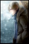  1boy blonde_hair breath fur_coat hood leon_s_kennedy resident_evil resident_evil_4 scarf shion_(ajisionn) snowing solo 