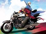  dante devil_may_cry devil_may_cry_3 gloves goggles highres katana looking_back motor_vehicle motorcycle multiple_boys shirtless sword vehicle vergil weapon white_hair 